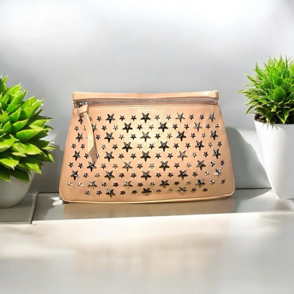 NEW w/ All Cards Jimmy Choo Zina Star Pink Studded Clutch 12” x 8” - Picture 1 of 6